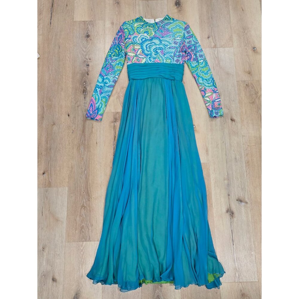 Vintage Malcolm Starr Sequin Maxi Dress Blue Green Sheer Formal Size 4